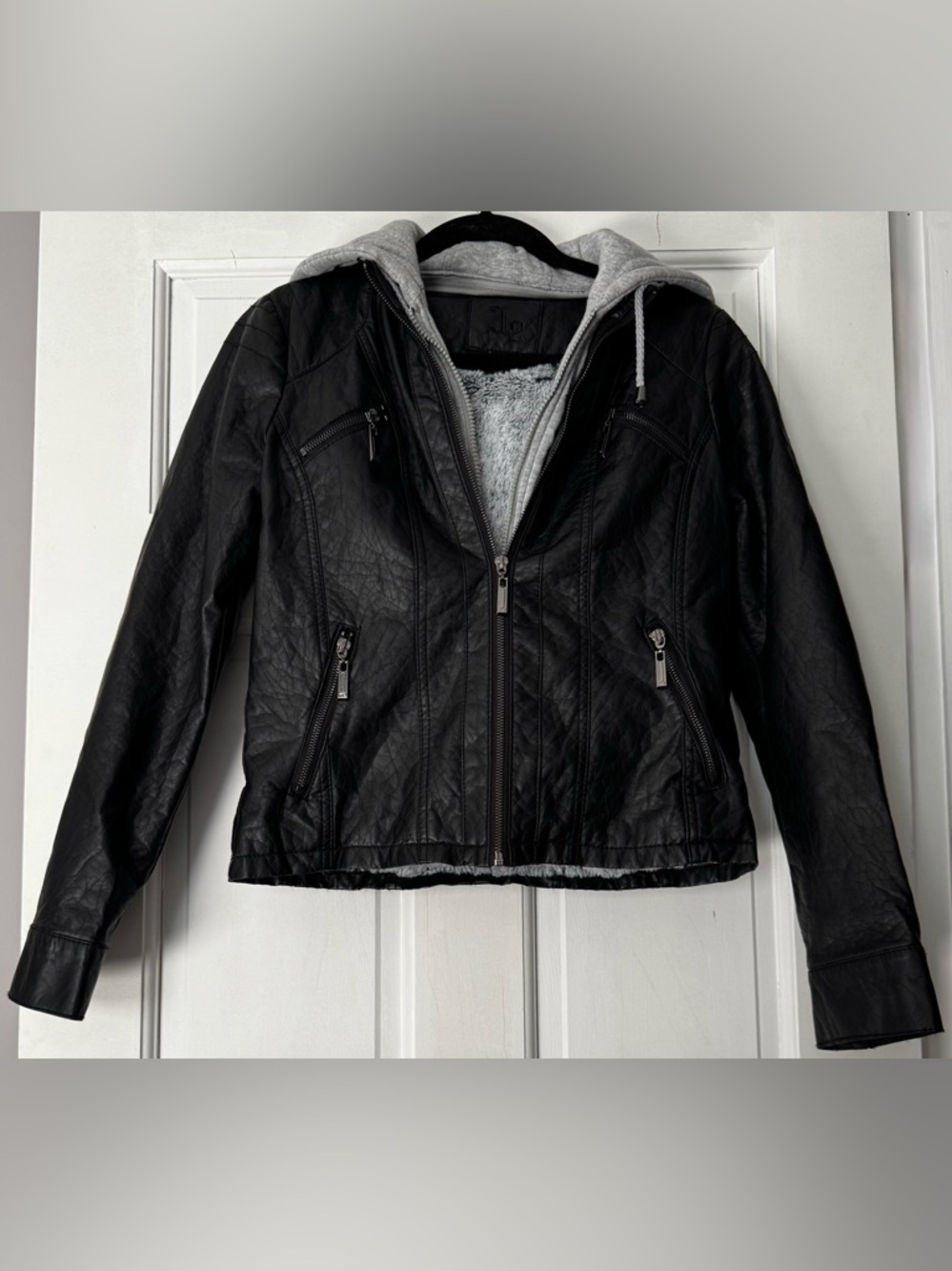 J2 Faux Leather Jacket with Gray Hood